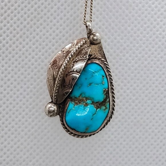 Vtg Native Navajo Old Pawn Sterling Silver Turquoise Pendant Necklace 18" Chain - Picture 3 of 9